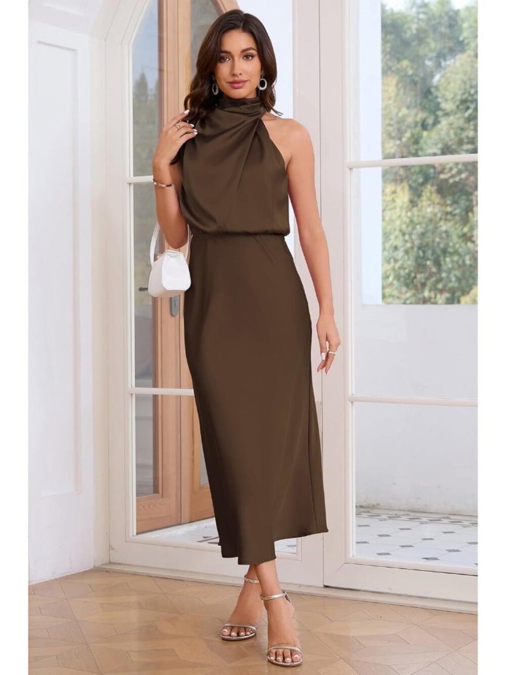 Women Coffee Brown Satin Elegant Formal Sleeveless Mock Neck Cocktail Maxi Dress - Picture 6 of 6